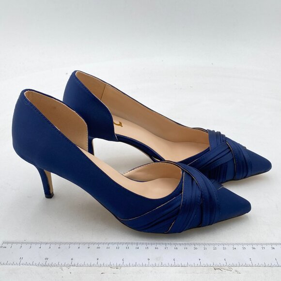 FSJ Navy Kitten Heels Pointed Toe Slip on Pumps D'Orsay Pleated Satin Dress Shoe - Picture 4 of 8